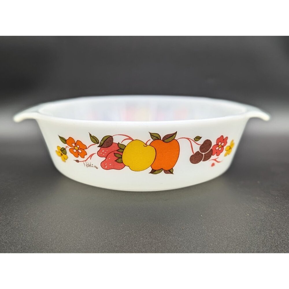 1960's Anchor Hocking Hildi' Series Bowl with Milk Glass Fall Fruit Pattern 437